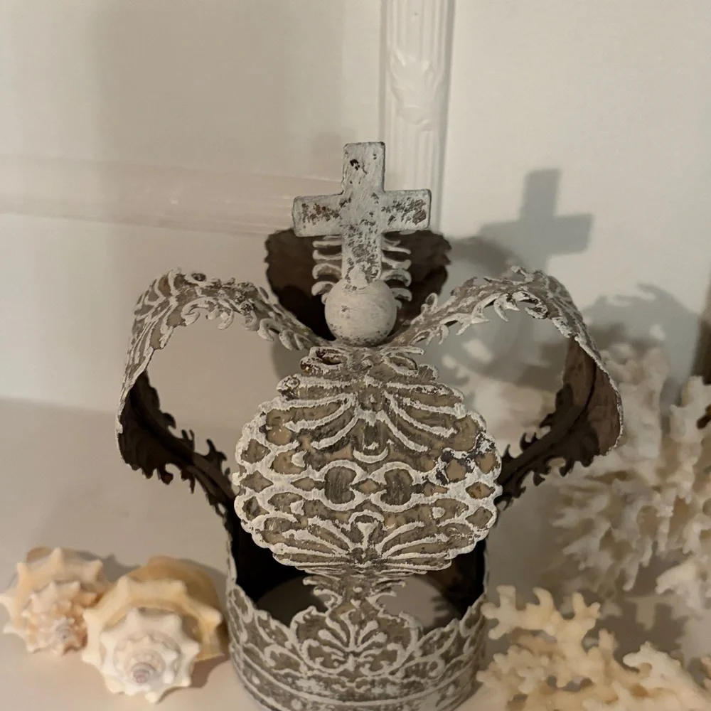 Distressed White Metal Crown Home Accent - Picture 2 of 9